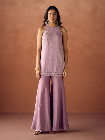 Dhiyona FL Women Lavender Crush Organza Hand Worked Straight Kurta Set with Dupatta