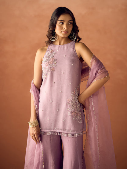 Dhiyona FL Women Lavender Crush Organza Hand Worked Straight Kurta Set with Dupatta
