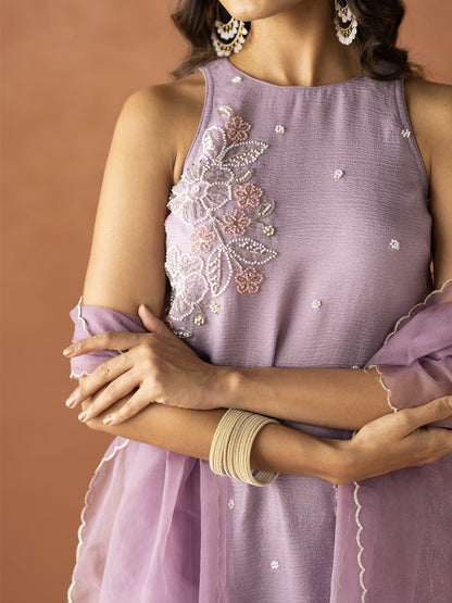 Dhiyona FL Women Lavender Crush Organza Hand Worked Straight Kurta Set with Dupatta