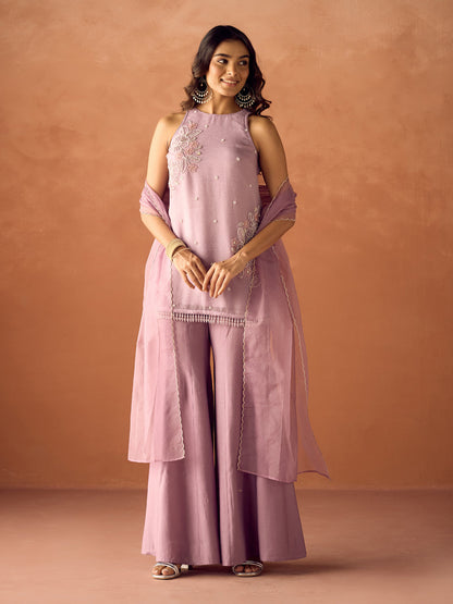Dhiyona FL Women Lavender Crush Organza Hand Worked Straight Kurta Set with Dupatta