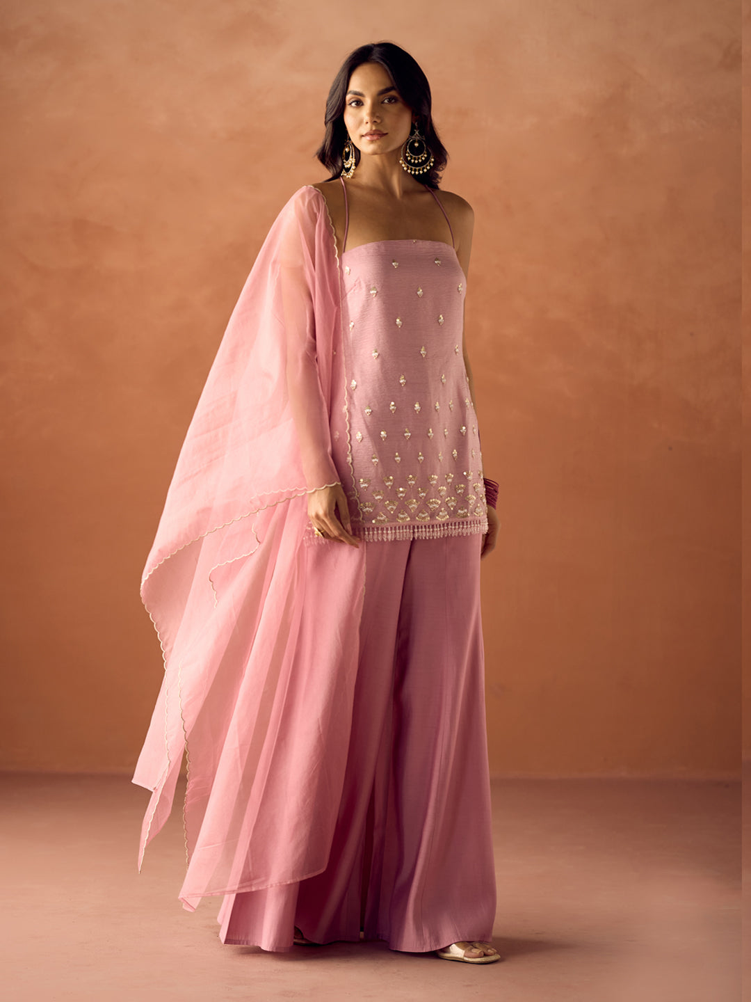 Dhiyona FL Women Light Pink Crush Organza Hand Work Straight Kurta Set with Dupatta