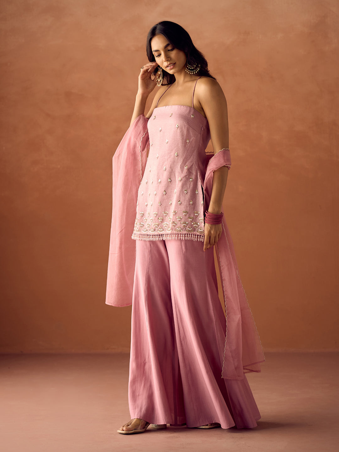 Dhiyona FL Women Light Pink Crush Organza Hand Work Straight Kurta Set with Dupatta
