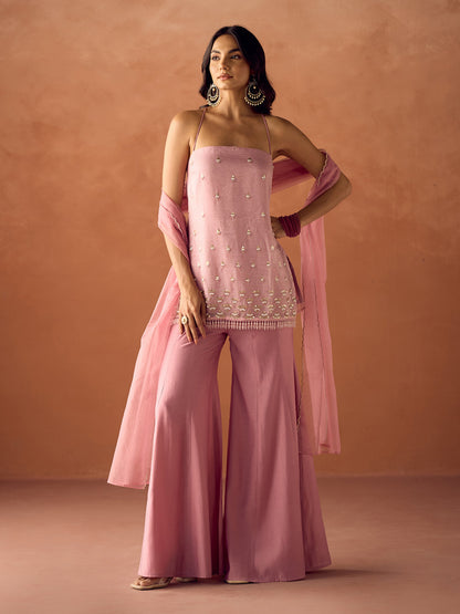 Dhiyona FL Women Light Pink Crush Organza Hand Work Straight Kurta Set with Dupatta