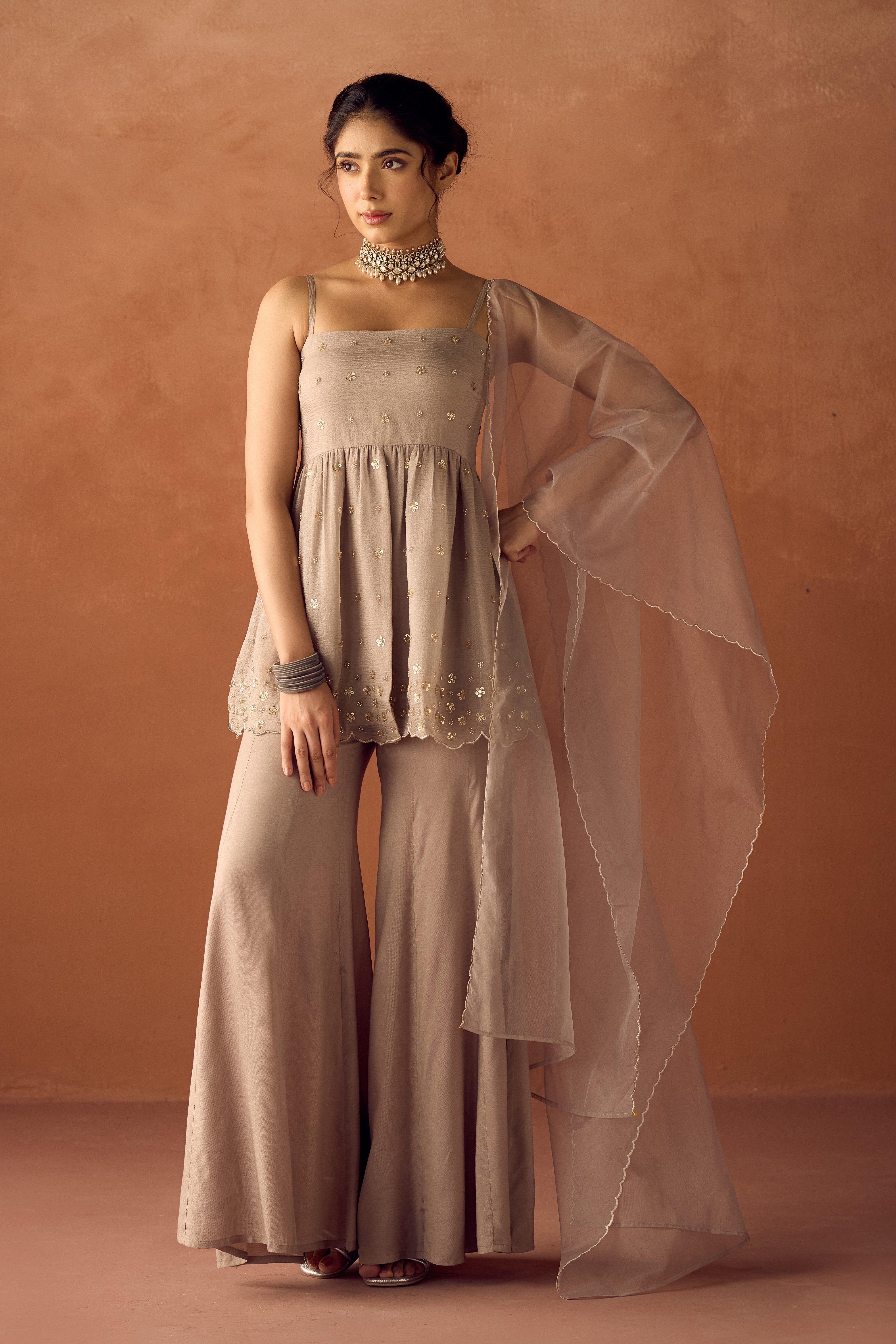 Dhiyona FL Women Grey Crush Organza Hand Work A Line Kurta Set with Dupatta