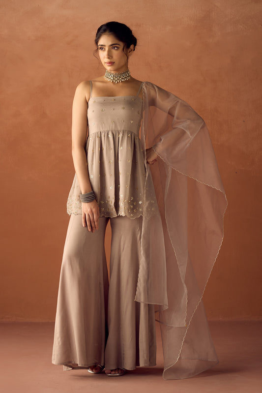 Dhiyona FL Women Grey Crush Organza Hand Work A Line Kurta Set with Dupatta