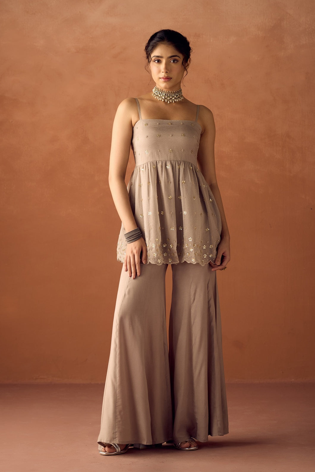 Dhiyona FL Women Grey Crush Organza Hand Work A Line Kurta Set with Dupatta