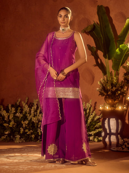 Dhiyona FL Women’s Purple Viscose Chanderi Gotta Patti Work Ethnic Straight Kurta Set with Dupatta