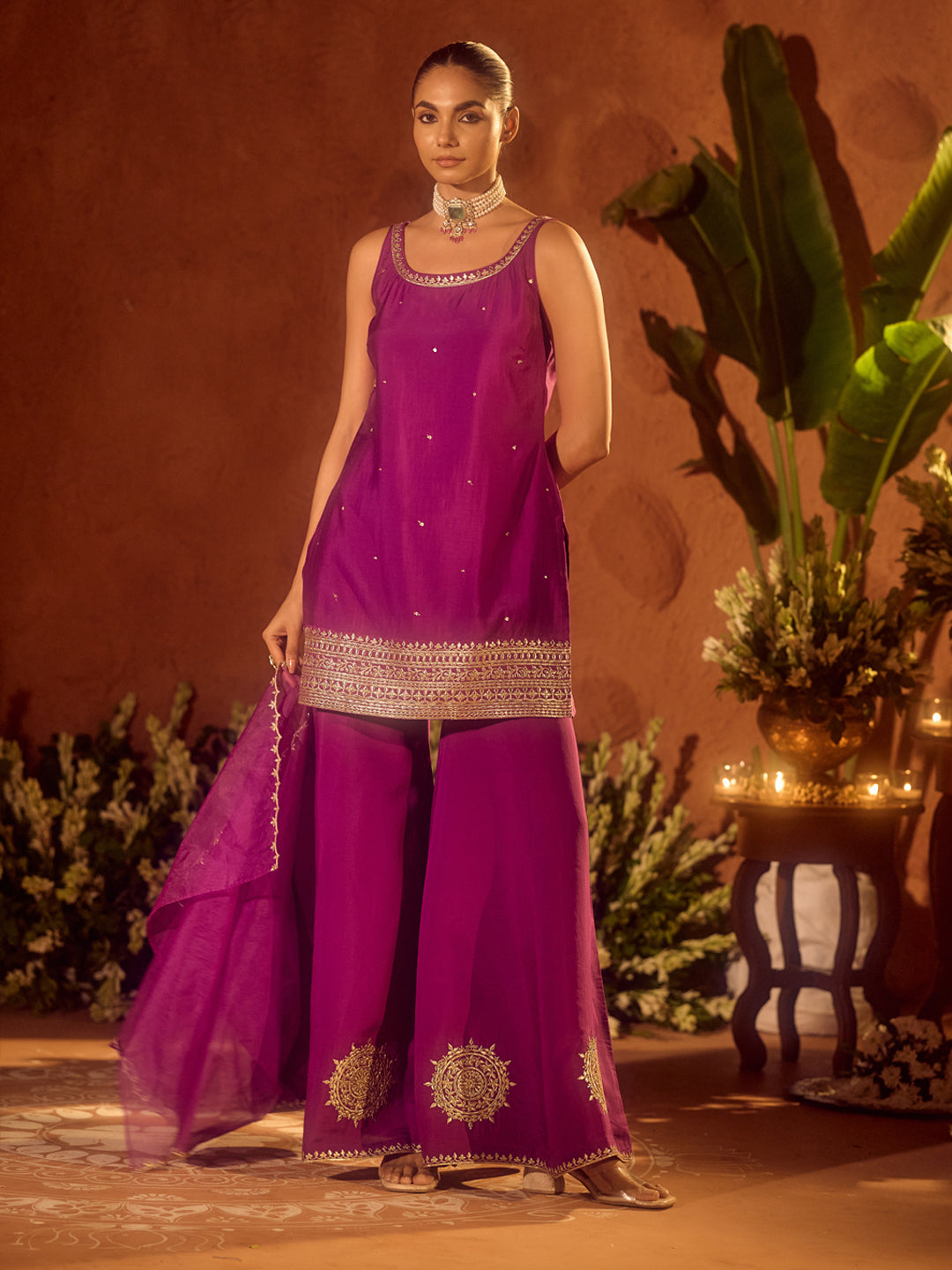 Dhiyona FL Women’s Purple Viscose Chanderi Gotta Patti Work Ethnic Straight Kurta Set with Dupatta