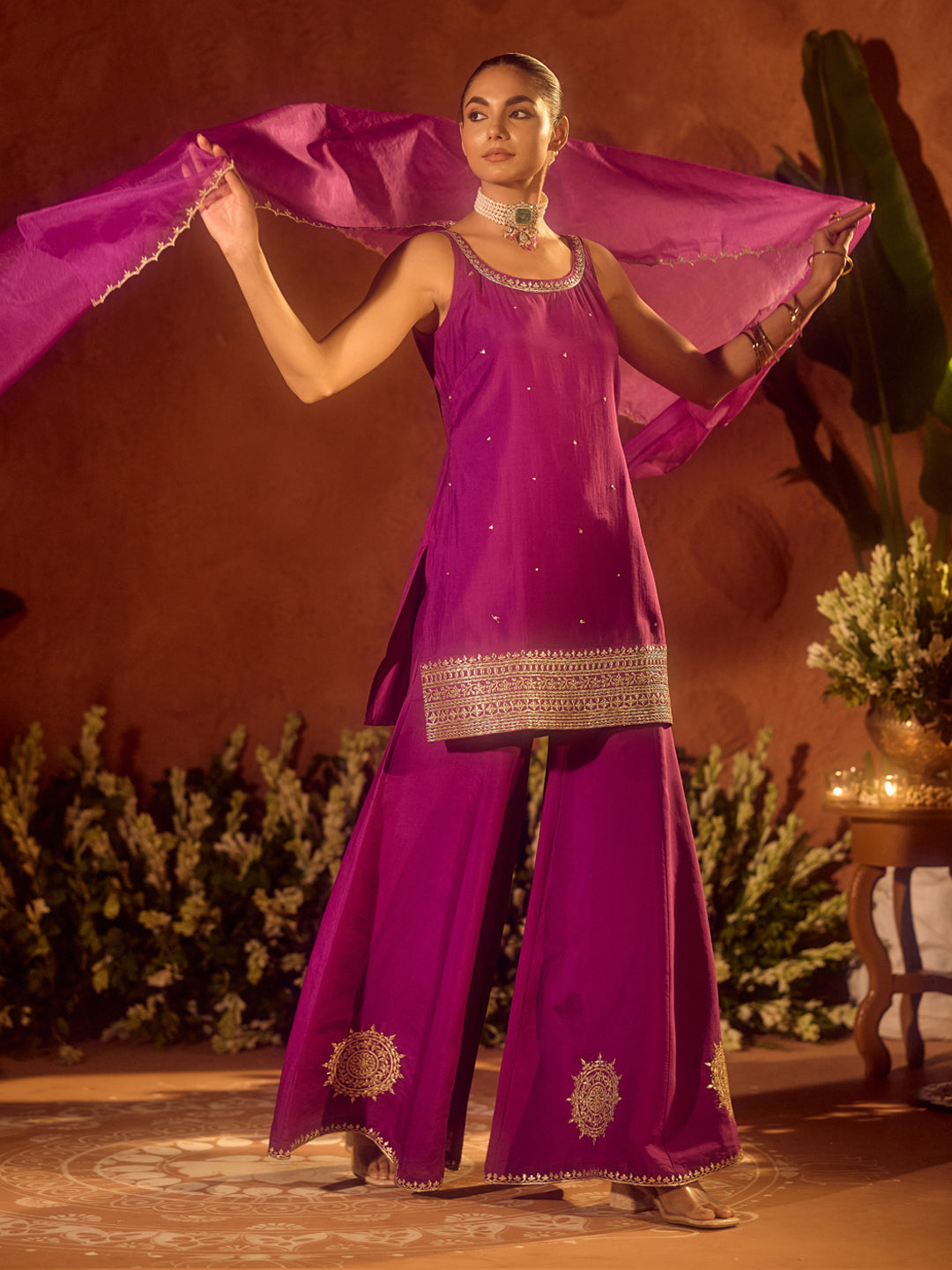 Dhiyona FL Women’s Purple Viscose Chanderi Gotta Patti Work Ethnic Straight Kurta Set with Dupatta