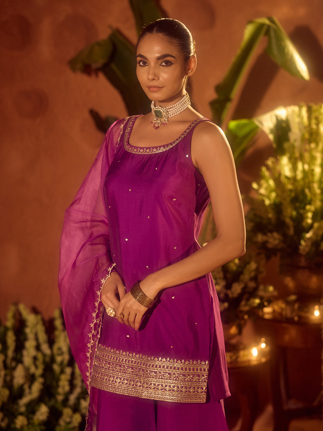 Dhiyona FL Women’s Purple Viscose Chanderi Gotta Patti Work Ethnic Straight Kurta Set with Dupatta