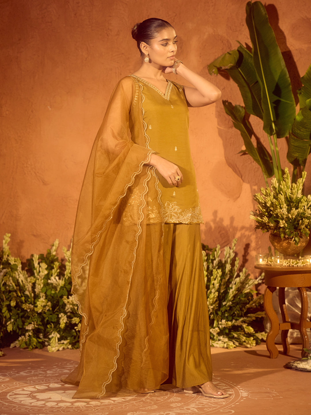 Dhiyona FL Women’s Mustard Viscose Chanderi Embroidered Ethnic Straight Kurta Set with Dupatta