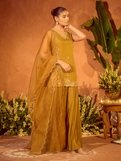 Dhiyona FL Women’s Mustard Viscose Chanderi Embroidered Ethnic Straight Kurta Set with Dupatta
