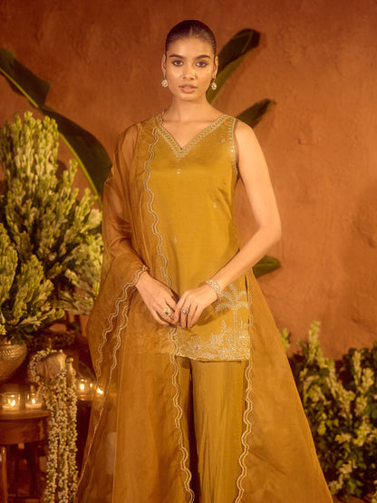 Dhiyona FL Women’s Mustard Viscose Chanderi Embroidered Ethnic Straight Kurta Set with Dupatta