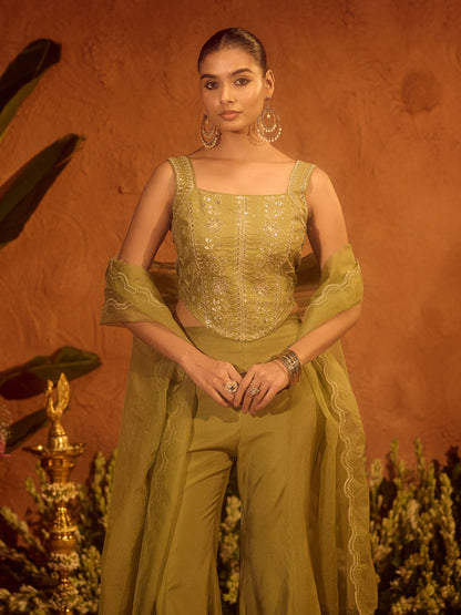 Dhiyona FL Women Olive Green Viscose Chanderi Embroidered Ethnic Top Palazzo Set with Dupatta