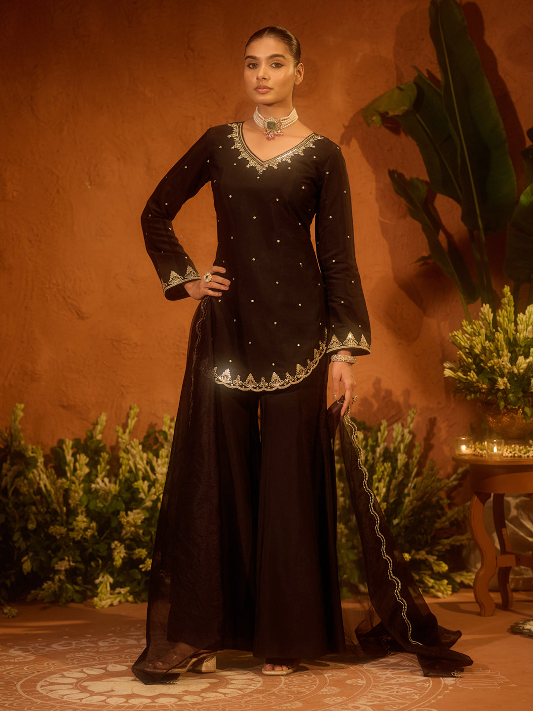 Dhiyona FL Women’s Black Viscose Chanderi Embroidered Ethnic A line Kurta Set with Dupatta
