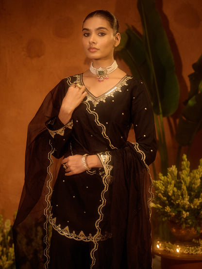 Dhiyona FL Women’s Black Viscose Chanderi Embroidered Ethnic A line Kurta Set with Dupatta