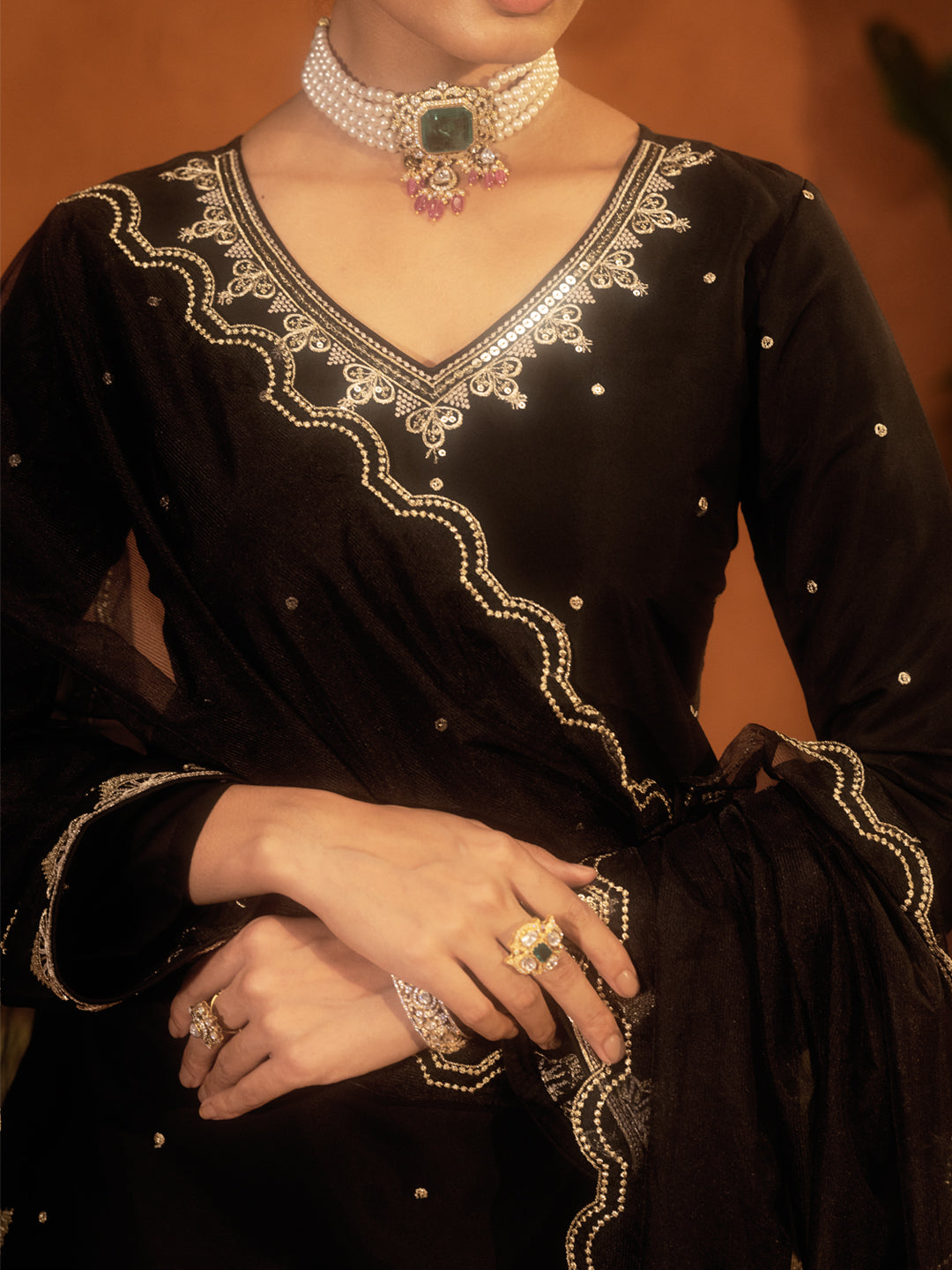 Dhiyona FL Women’s Black Viscose Chanderi Embroidered Ethnic A line Kurta Set with Dupatta