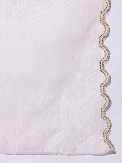 Dhiyona FL Women Off White Viscose Chanderi Embroidered A Line Kurta Set with Dupatta