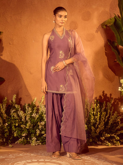 Dhiyona FL Women’s Lavender Viscose Chanderi Embroidered Ethnic Straight Kurta Set with Dupatta