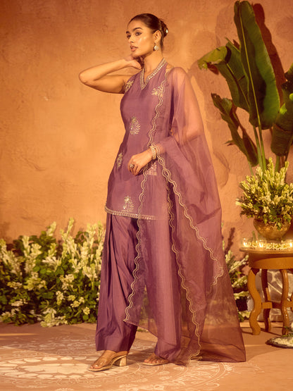 Dhiyona FL Women’s Lavender Viscose Chanderi Embroidered Ethnic Straight Kurta Set with Dupatta