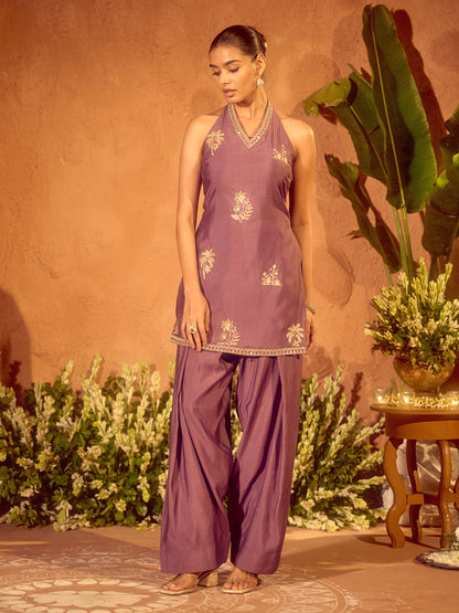 Dhiyona FL Women’s Lavender Viscose Chanderi Embroidered Ethnic Straight Kurta Set with Dupatta