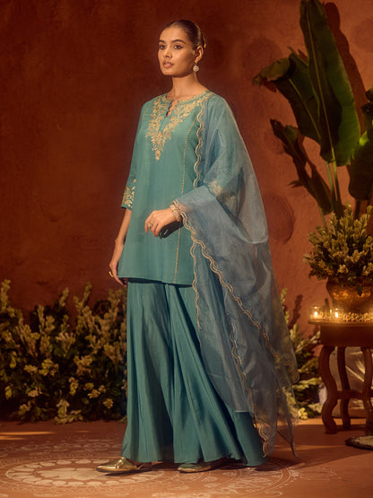 Dhiyona FL Women’s Sea Green Viscose Chanderi Embroidered Ethnic Straight Kurta Set with Dupatta