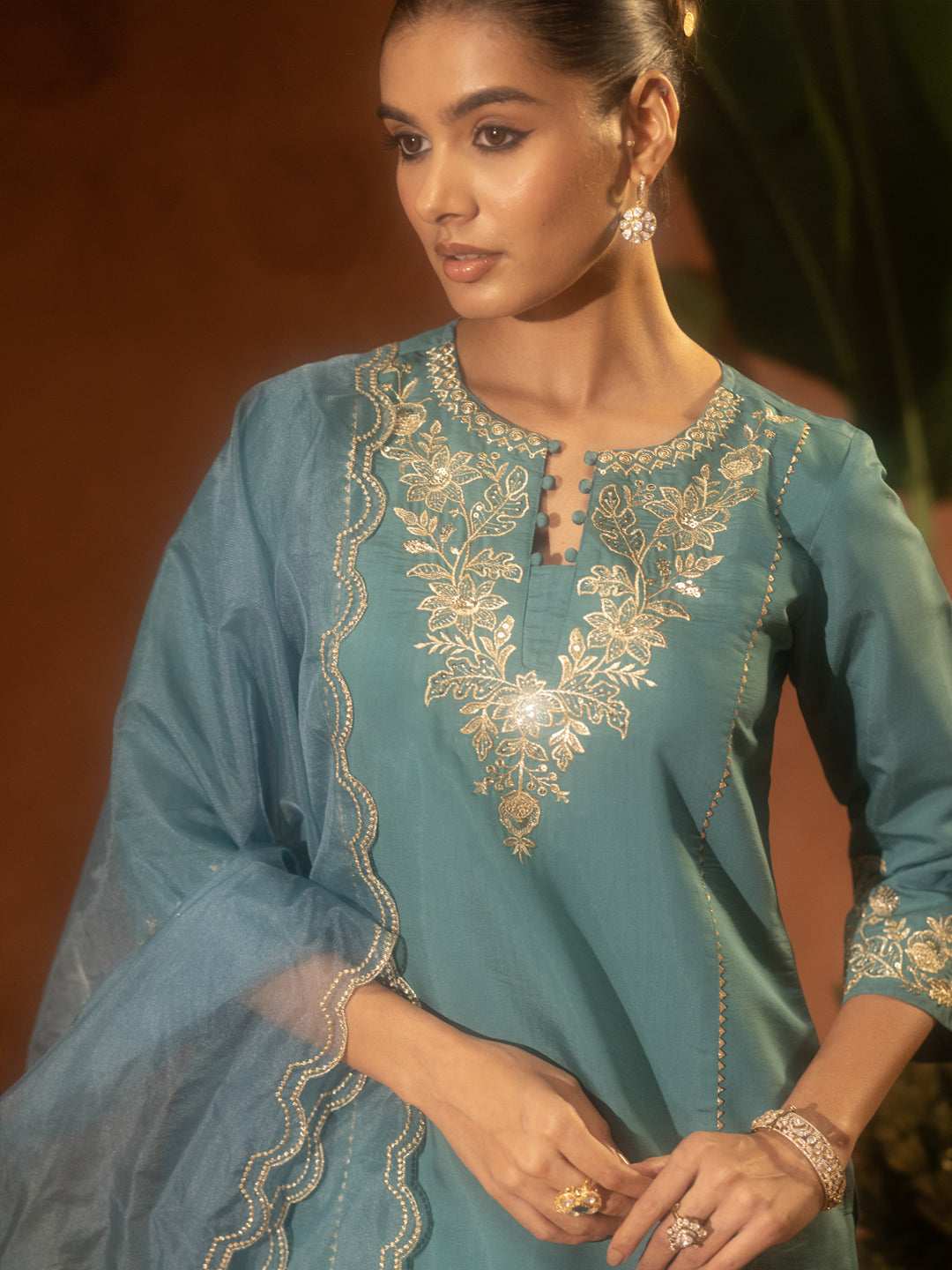 Dhiyona FL Women’s Sea Green Viscose Chanderi Embroidered Ethnic Straight Kurta Set with Dupatta