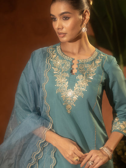 Dhiyona FL Women’s Sea Green Viscose Chanderi Embroidered Ethnic Straight Kurta Set with Dupatta