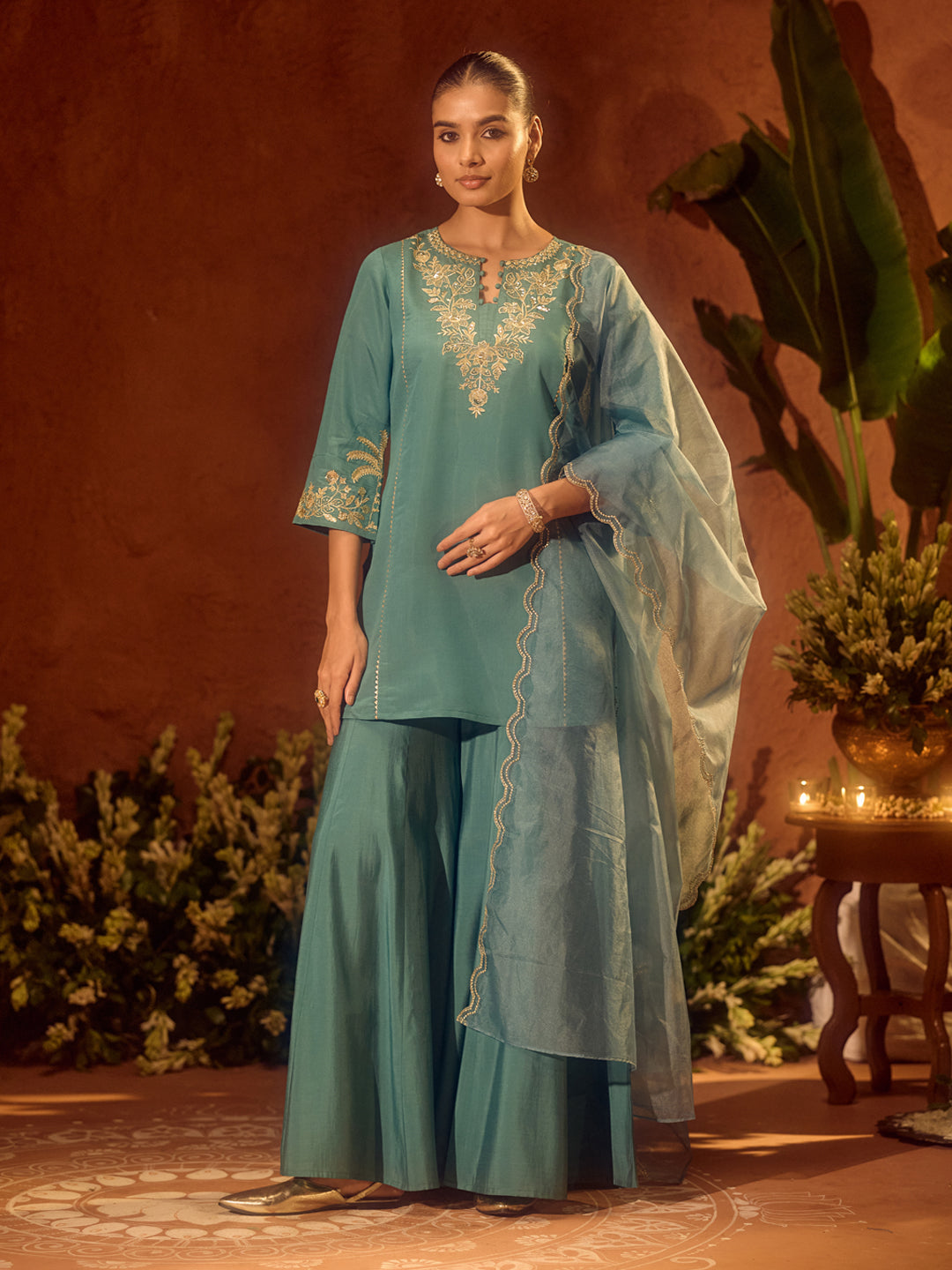 Dhiyona FL Women’s Sea Green Viscose Chanderi Embroidered Ethnic Straight Kurta Set with Dupatta