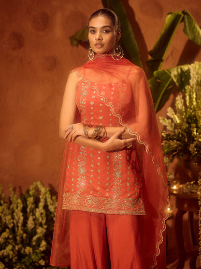 Dhiyona FL Women’s Orange Viscose Chanderi Embroidered Ethnic Straight Kurta Set with Dupatta