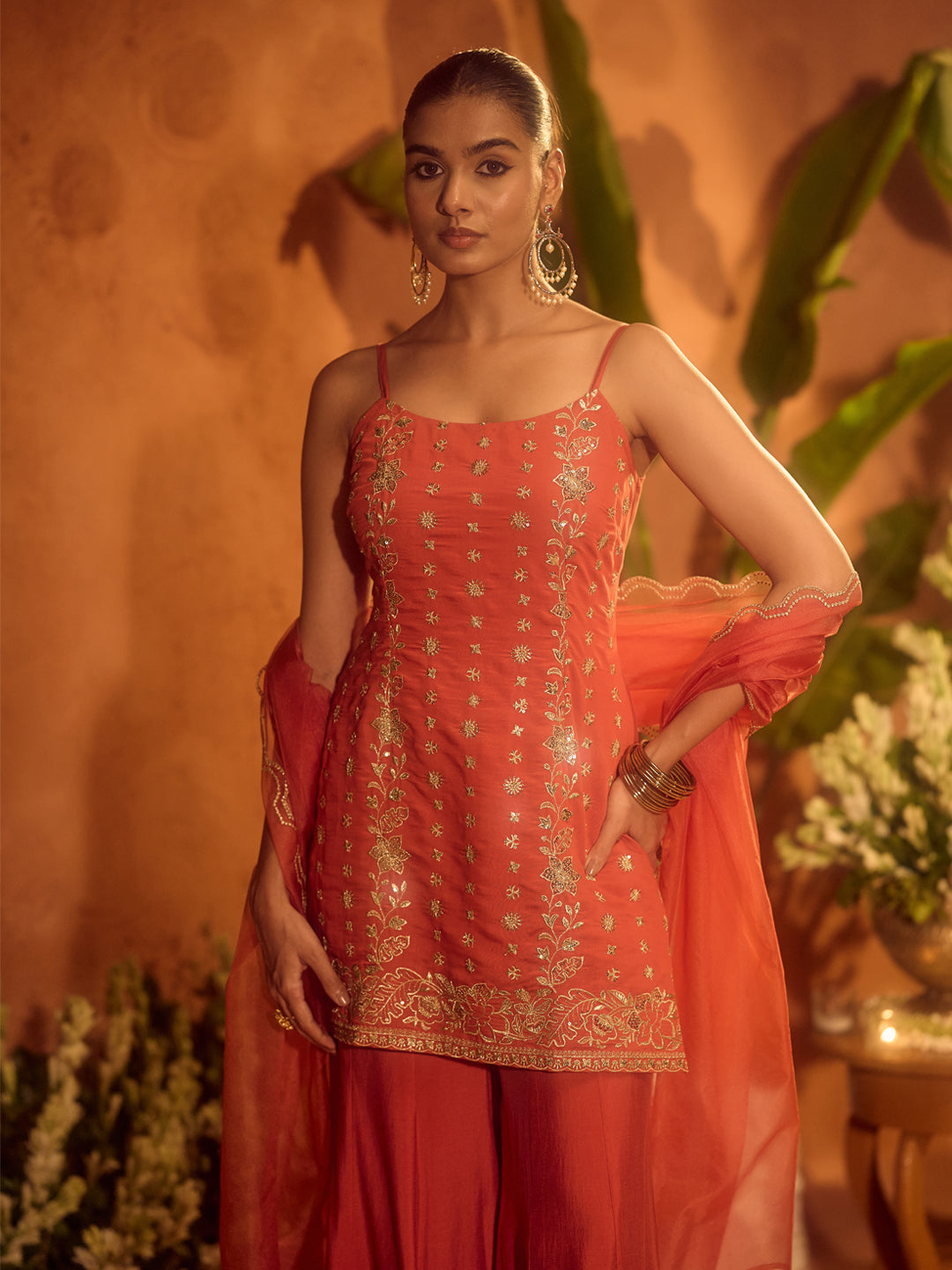 Dhiyona FL Women’s Orange Viscose Chanderi Embroidered Ethnic Straight Kurta Set with Dupatta