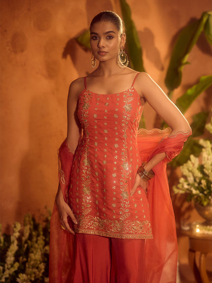 Dhiyona FL Women’s Orange Viscose Chanderi Embroidered Ethnic Straight Kurta Set with Dupatta