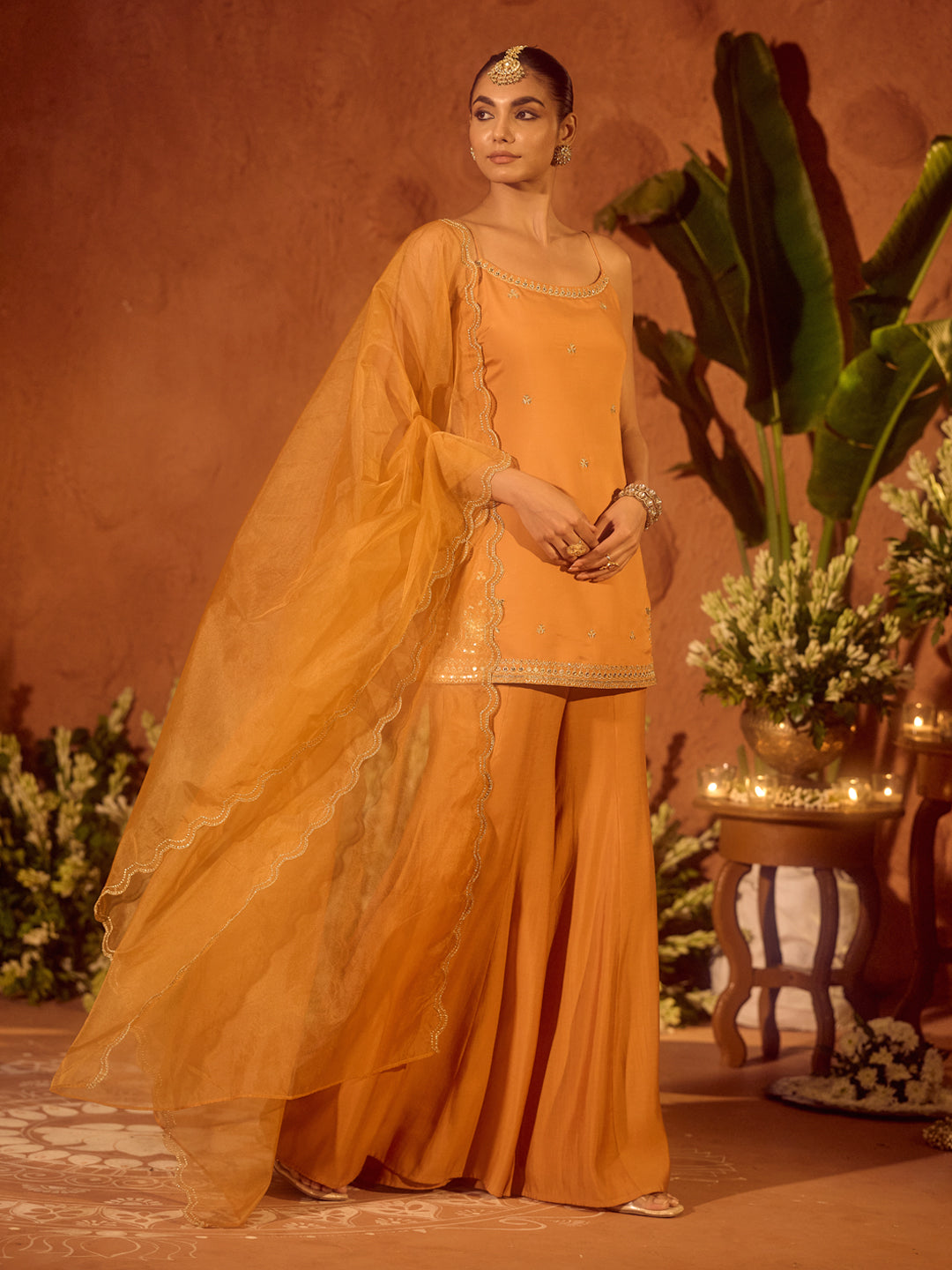 Dhiyona FL Women’s Orange Viscose Chanderi Embroidered Ethnic Straight Kurta Set with Dupatta