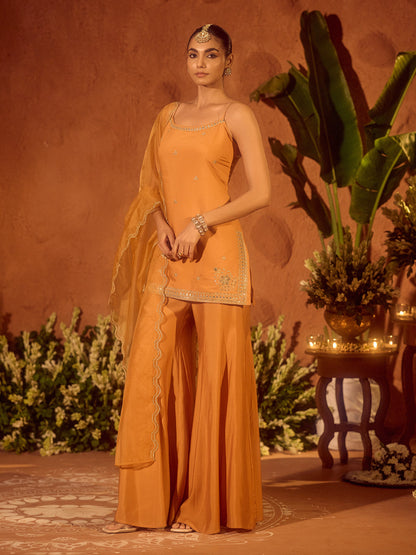 Dhiyona FL Women’s Orange Viscose Chanderi Embroidered Ethnic Straight Kurta Set with Dupatta