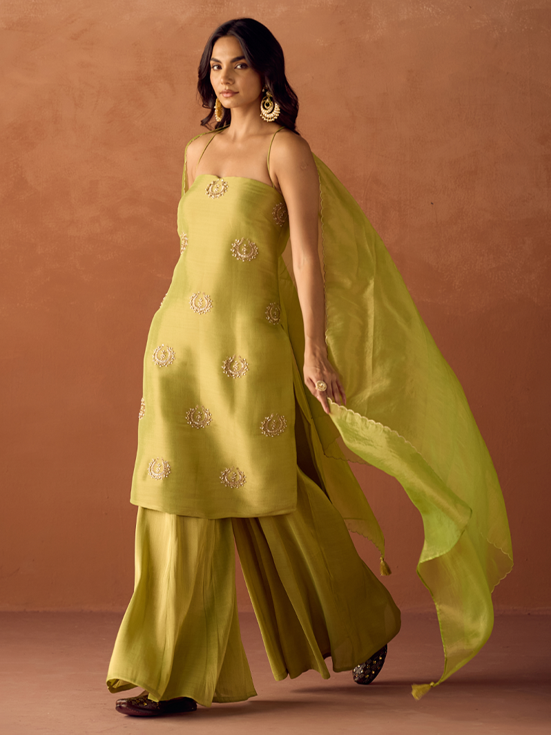 Dhiyona FL Women Lime Green Tissue Blend Hand Embellished Kurta Set with Dupatta