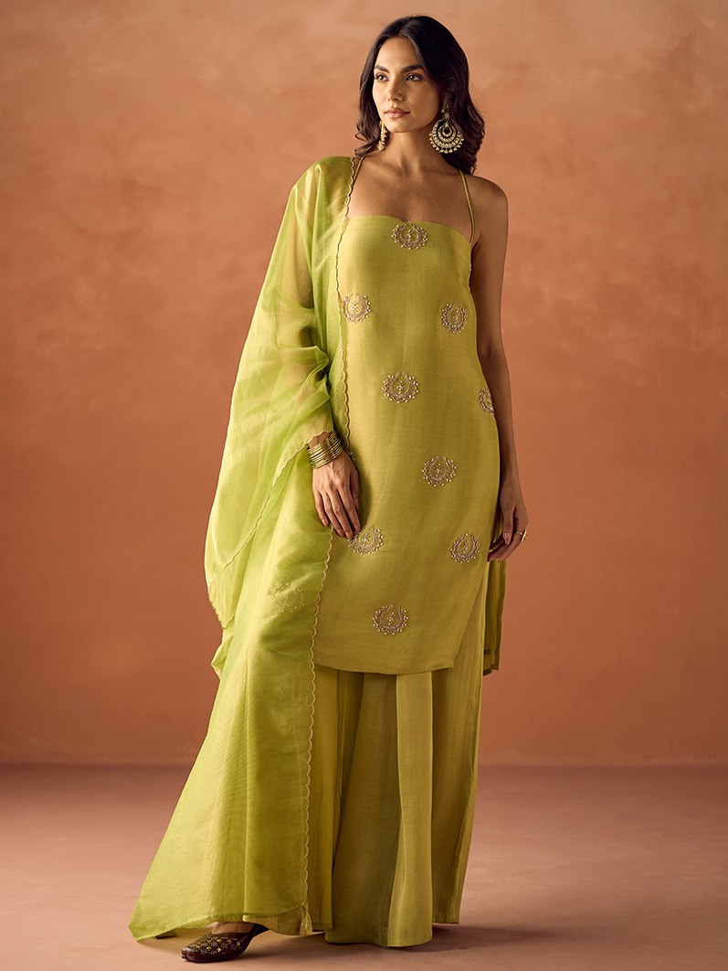 Dhiyona FL Women Lime Green Tissue Blend Hand Embellished Kurta Set with Dupatta