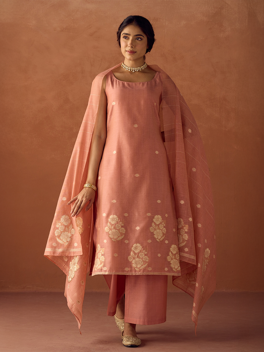 Dhiyona FL Women Peach Cotton Blend Jacquard Woven Kurta Set with Dupatta