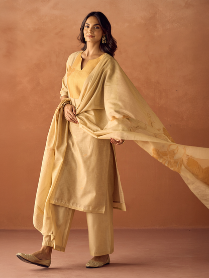 Dhiyona FL Women Beige Cotton Blend Jacquard Woven Kurta Set with Dupatta