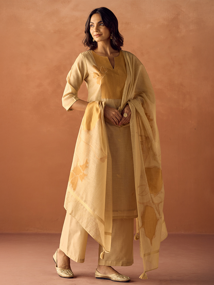 Dhiyona FL Women Beige Cotton Blend Jacquard Woven Kurta Set with Dupatta