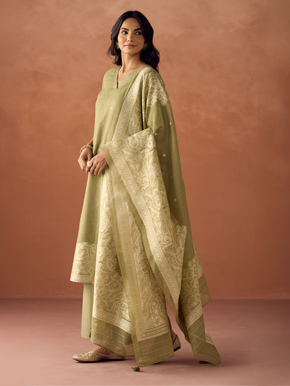 Dhiyona FL Women Green Cotton Blend Jacquard Woven Kurta Set with Dupatta