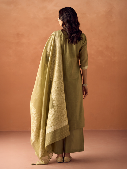 Dhiyona FL Women Green Cotton Blend Jacquard Woven Kurta Set with Dupatta