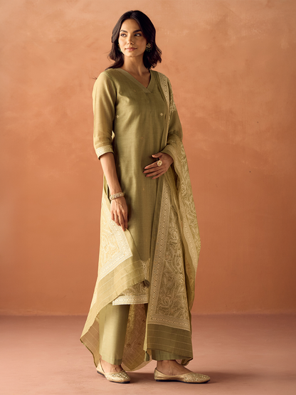 Dhiyona FL Women Green Cotton Blend Jacquard Woven Kurta Set with Dupatta