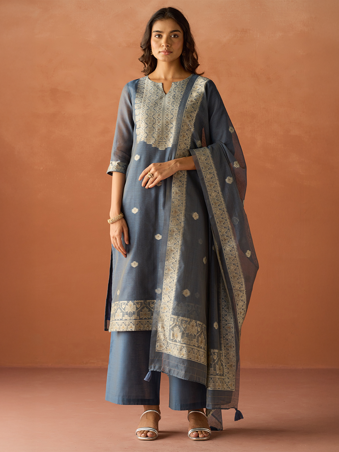Dhiyona FL Women Blue Cotton Blend Jacquard Woven Kurta Set with Dupatta