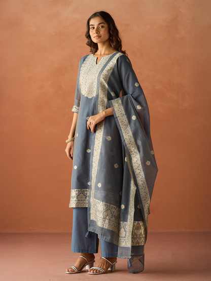 Dhiyona FL Women Blue Cotton Blend Jacquard Woven Kurta Set with Dupatta