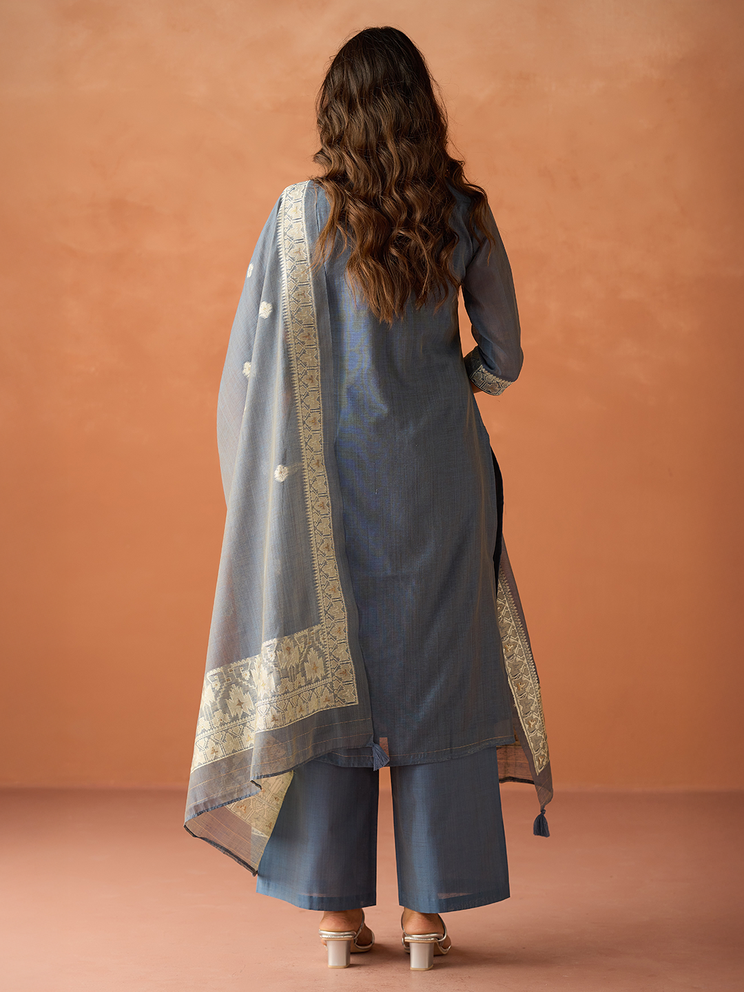 Dhiyona FL Women Blue Cotton Blend Jacquard Woven Kurta Set with Dupatta