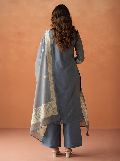 Dhiyona FL Women Blue Cotton Blend Jacquard Woven Kurta Set with Dupatta