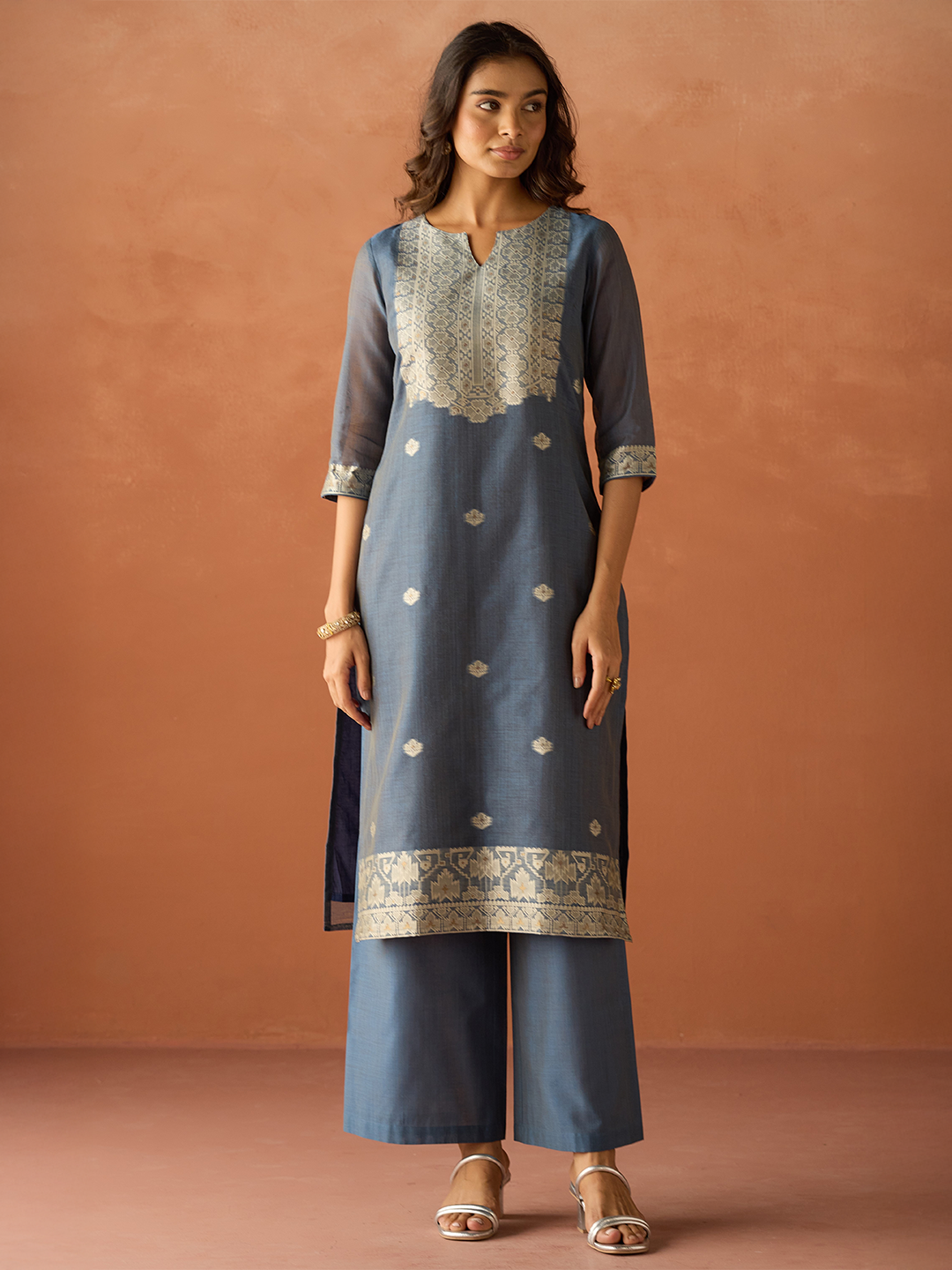 Dhiyona FL Women Blue Cotton Blend Jacquard Woven Kurta Set with Dupatta
