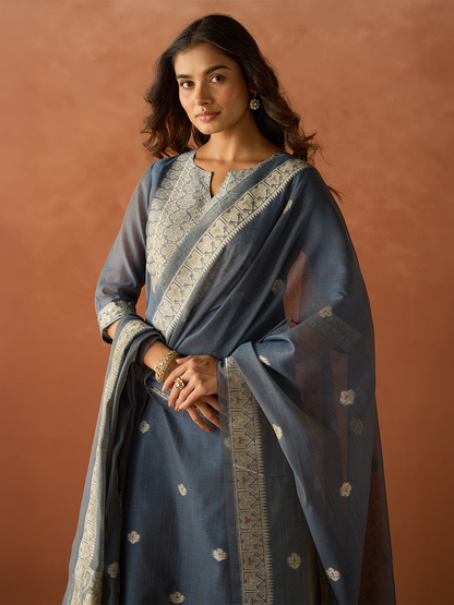Dhiyona FL Women Blue Cotton Blend Jacquard Woven Kurta Set with Dupatta