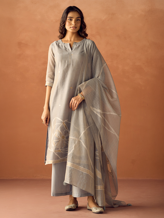 Dhiyona FL Women Grey Cotton Blend Jacquard Woven Kurta Set with Dupatta