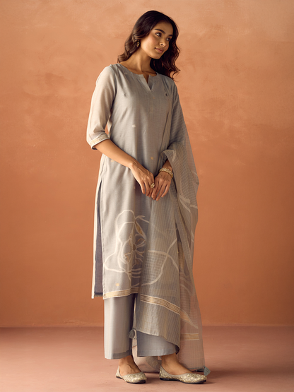 Dhiyona FL Women Grey Cotton Blend Jacquard Woven Kurta Set with Dupatta
